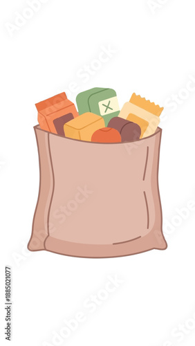 A cartoon illustration of a brown paper bag filled with various packaged food items and groceries.