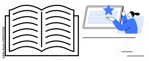 E-learning, digital libraries, education, online resources, information access, modern study. Open book and person engaging with a tablet. E-learning and digital libraries concept
