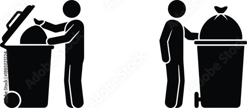 People throwing garbage into trash bins illustrating waste disposal cleanliness hygiene environmental responsibility icons public awareness sanitation concept.