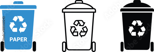 Recycling bins icons set showing paper waste containers with recycle symbols trash sorting environmental management illustration.