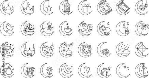Diverse Islamic Icons Featuring Moon, Stars, Mosque, and Eid Mubarak Greetings