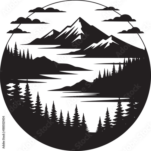 Black and white mountain landscape with lake and trees in a circular design element isolated