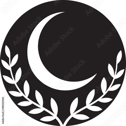 A black circle with a white crescent moon shape and a laurel branch on a white background design
