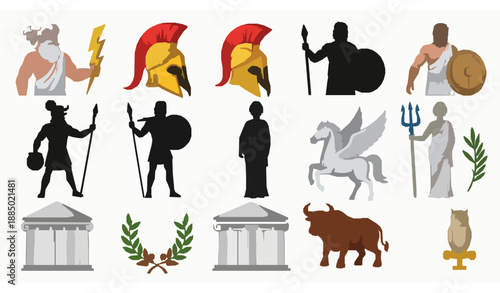 Cartoon Ancient Greek mythology icons vector set for education and history design
