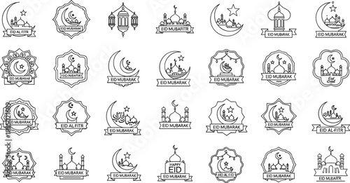 Eid Mubarak greetings and Islamic symbols in outline badges