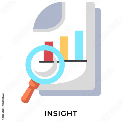 Data Insight Flat Icon – Analytics Report Illustration with Magnifying Glass and Chart, Business Intelligence Icon
