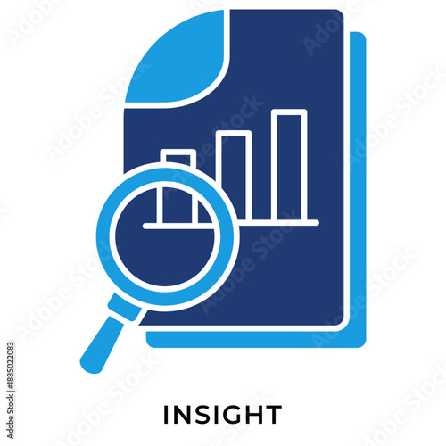 Data Insight Blue Glyph Icon – Analytics Report with Magnifying Glass, Business Intelligence Insight Symbol