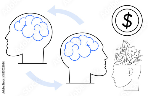 Two brains exchange ideas with arrows symbolizing transformation, leading to growth depicted as flowers and monetary success. Ideal for innovation, creativity, growth, brainstorming, success