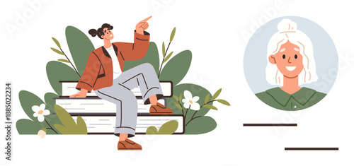 Personal identity, avatars, outdoor lifestyle, colleague relationships, self-expression, social interaction. A seated woman pointing, paired with a profile image. Personal identity and avatars