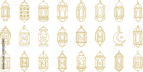 Elegant Gold Islamic Lantern Collection with Crescent Moon and Star Accents