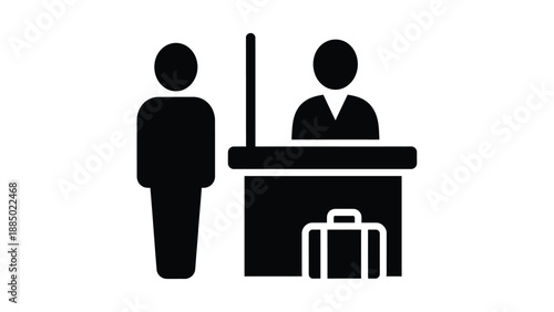 Customer service agent assisting traveler at reception desk with luggage icon