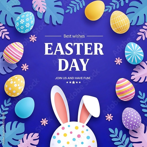 Colorful Easter Day Greeting Card With Cute Bunny And Decorative Eggs For Festive Spring Branding And Fun Lifestyle Design