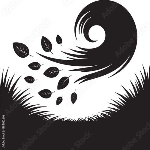 Black and white graphic with leaves blowing from a swirl toward a grassy hill silhouette