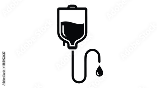 Simple black and white icon depicting intravenous fluid drip with drop