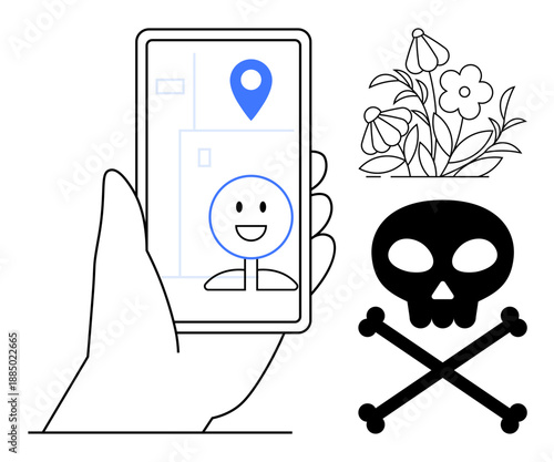 Cybersecurity alerts, smart navigation, digital safety, toxic content, online risks, geolocation. Smartphone with GPS marker, happy face icon skull and flowers. Cybersecurity and navigation