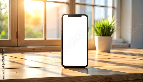 Photorealistic smartphone mockup with blank screen placed on a wooden desk near a window, ideal for app and UI presentation