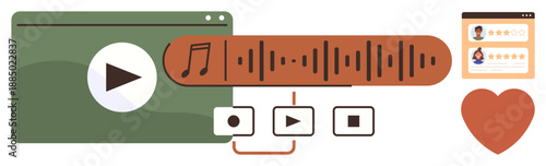 Media streaming, online reviews, user engagement, audio editing, video production, multimedia content sharing. Interface with video play button, audio wave review panel and heart icon. Media
