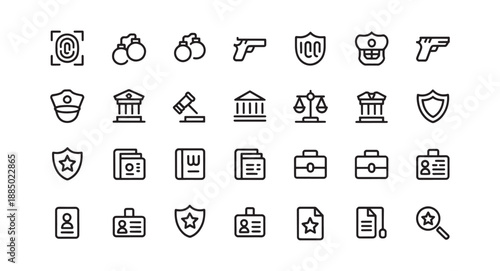 Law enforcement and justice icons minimalist vector symbols for legal and police services isolated o