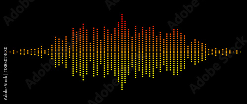 Yellow red abstract equalizer shape design. Dotted music sound wave element. Audio radio signal visualization concept. Shining digital voice assistant line pattern. Song track sample player. Vector
