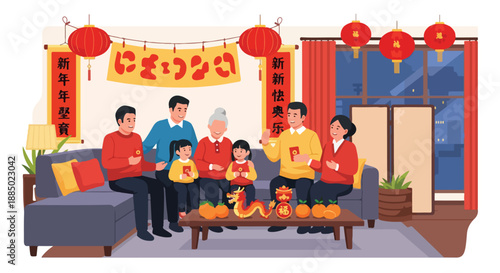Joyful multi-generational Asian family celebrating Chinese New Year at home, exchanging red envelopes and traditional gifts in a festive, cozy living room