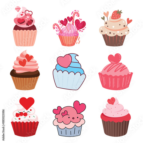Valentine cupcake dessert set. Vector sweet pink muffins with strawberry and heart toppings for romantic food design