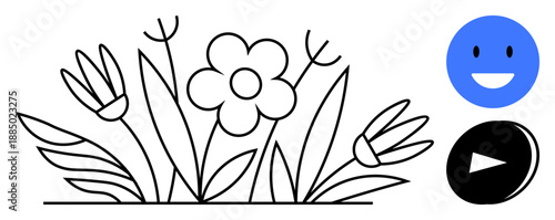 Nature, digital media, playfulness, positivity, creativity, user interface. A black and white floral sketch surrounded by a smiling emotion and a play button. Nature and digital media fusion concept