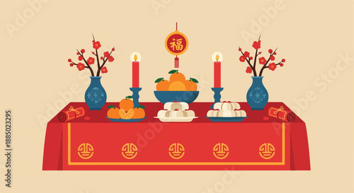 Festive Asian celebration table setting featuring auspicious oranges, blooming plum flowers, and glowing candles, symbolizing prosperity and happiness for new beginnings