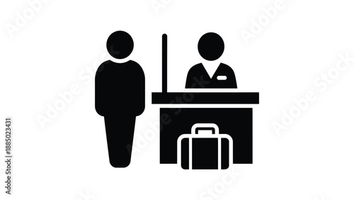Simple icon representing traveler checking in at airport counter desk
