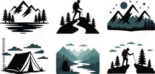 Mountain hiking nature adventure and camping vector icons set with forest landscape elements