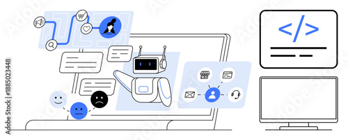 Artificial intelligence, customer service, workflow automation, process optimization, chatbot interaction, digital networks. Robot interacting with communication icons on a laptop. Artificial