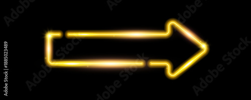 Yellow neon arrow element. Warm glowing led direction sign. Shine tube lamp in arrowhead shape. Bright luminous fluorescent pointer effect for banner, poster, logo. Vector neon led light illustration