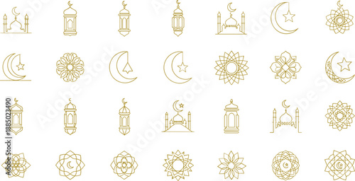 Golden Islamic geometric patterns, moons, stars, and lanterns