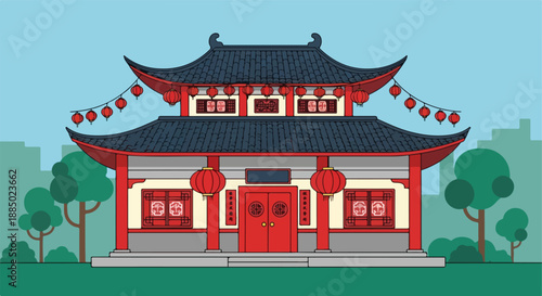 Traditional Asian Pagoda Architecture with Red Lanterns and Trees in a City Skyline Background