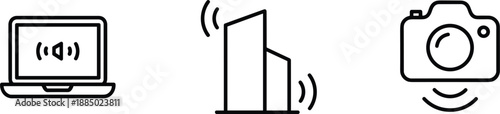 Technology signal icons set showing laptop wireless tower and camera with vibration waves connectivity communication illustration design.