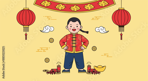 Joyful boy in traditional attire celebrates Lunar New Year. Illustration with red lanterns, firecrackers, and gold symbols, embodying cultural prosperity