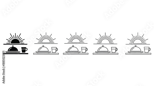 Collection of sunrise breakfast icons illustrating morning room service delivery