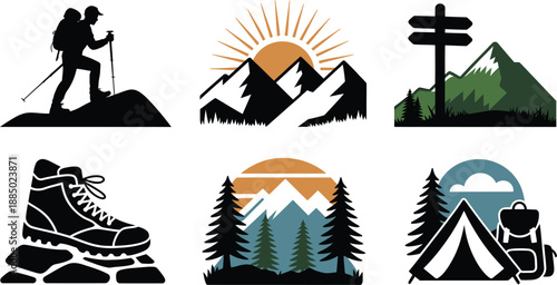 Outdoor hiking and mountain climbing vector emblems set with boot signpost and sunset view