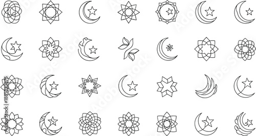Intricate Geometric Islamic Patterns with Crescent Moon and Star Motifs