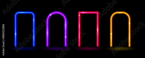 Glow neon rectangle and arch frames. Colorful shining flare borders. Glowing portal concept. Futuristic rectangular and curved arc doors. Vector illuminated elements for poster, banner, brochure