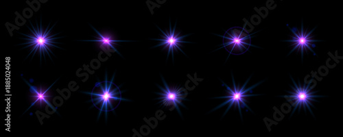 Purple iridescent glowing sparkling set. Magical stars, twinkles or sparks glowing pack. Shining light flare effect collection. Starlight rays radiance elements. Vector beam or cold star bursts bundle