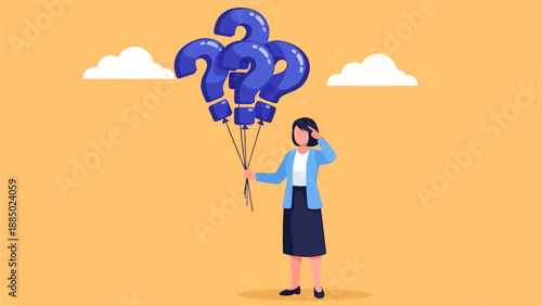 A businesswoman in a blue jacket and skirt stands against an orange sky, holding a large cluster of blue question mark balloons and pointing to her temple as if deep in thought