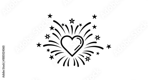 Heart symbol with starburst and sparkles on white background