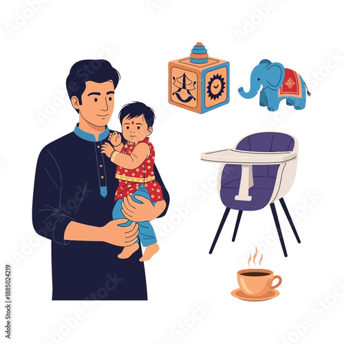 A father in traditional attire holding his baby, surrounded by baby items like a high chair, toy block, elephant toy, and a cup of coffee.