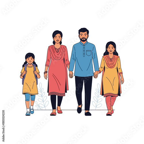 An illustration of a happy South Asian family of four, including parents and two daughters, walking together with one daughter carrying a school backpack.