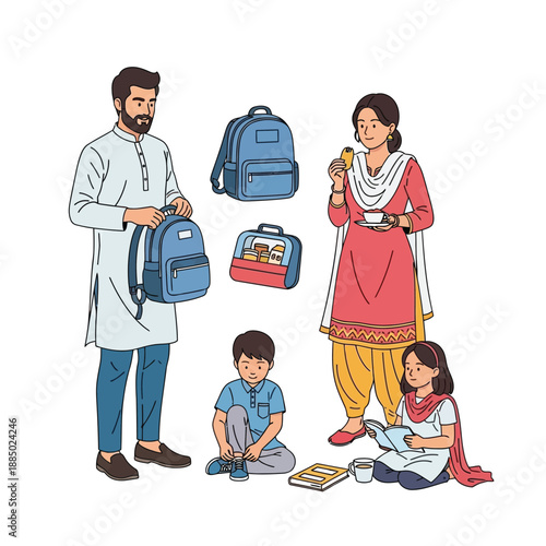An illustration of a South Asian family preparing for their day, with parents and children getting ready for school and daily activities.