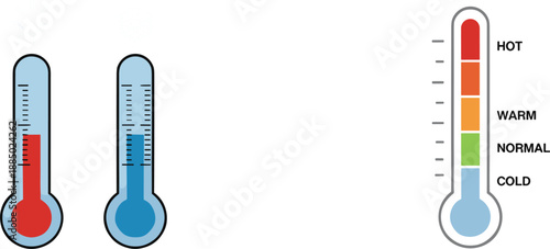 Temperature thermometer icons showing hot warm normal cold levels climate weather measurement concept illustration design graphic set symbols.