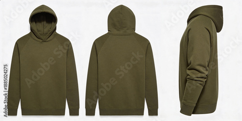 A green hoodie displayed from multiple angles on a white background