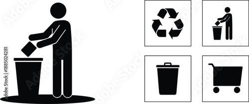 Trash disposal and recycling icons showing person throwing waste bin symbols for cleanliness environmental awareness illustration design concept.