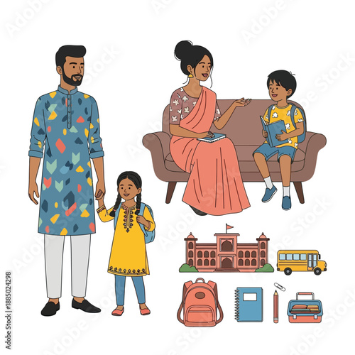 Indian family preparing for school with father, mother, daughter, son, school building, bus, and supplies, depicting daily life.