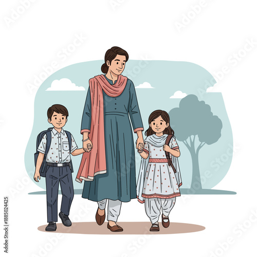 A mother or guardian walking two young children, a boy and a girl, dressed in school uniforms and carrying backpacks, along an outdoor path.